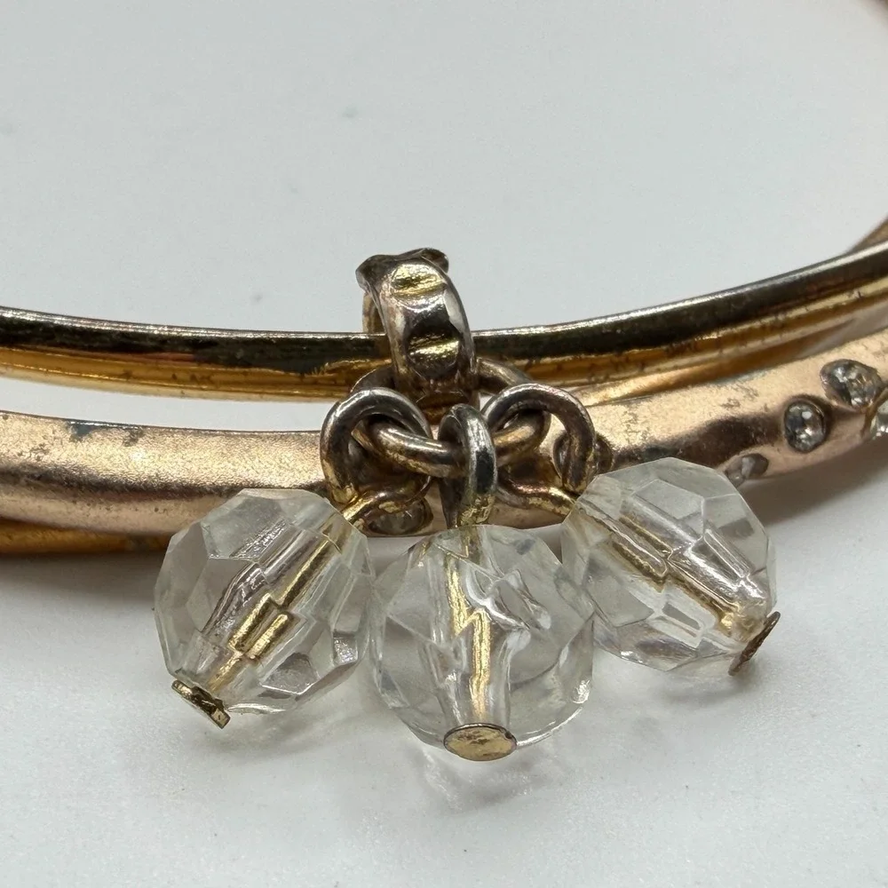 Gold Tone Triple Bangle Bracelet Clear Faceted Bead Dangle Rhinestone Stack Set